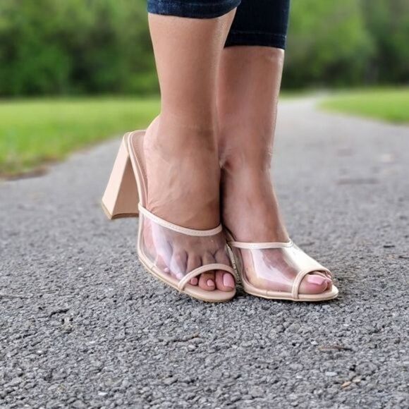 Clear Chunky Block Mid Heel Mule Sandals Nude Color - Picture 1 of 8